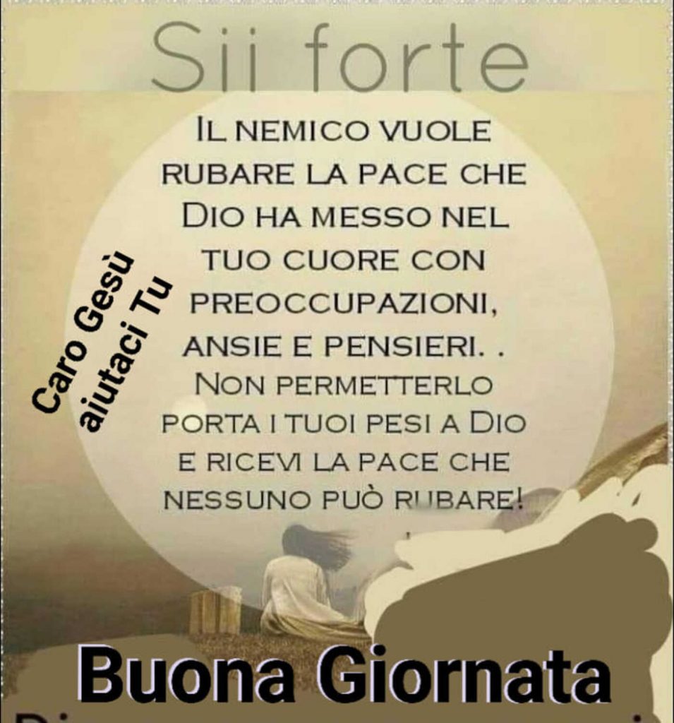 Sii forte. Il nemico vuole rubare la pace che Dio ha messo nel tuo cuore con preoccupazioni, pensieri e ansie... Buona Giornata