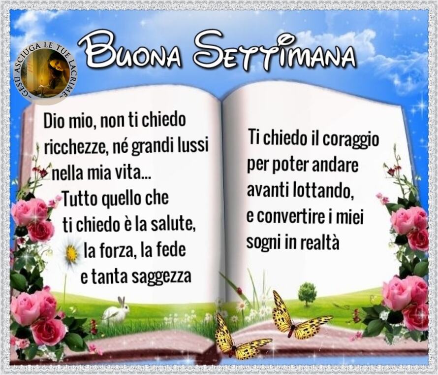 Buona Settimana. Dio mio, non ti chiedo ricchezze, nè grandi lussi nella mia vita... Tutto quello che ti chiedo è la salute, la forza, la fede e tanta saggezza....