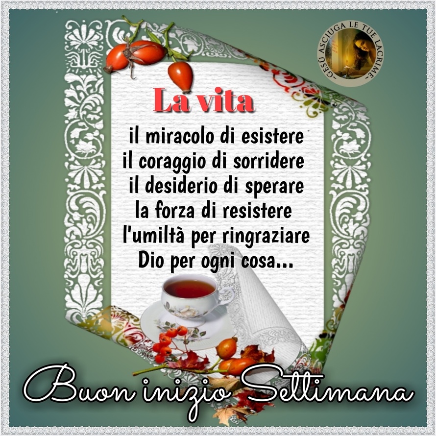 La vita: il miracolo di esistere, il coraggio di sorridere, il desiderio di sperare, la forza di resistere, l'umiltà per ringraziare Dio per ogni cosa... Buon inizio settimana (Gesù asciuga le tue lacrime)