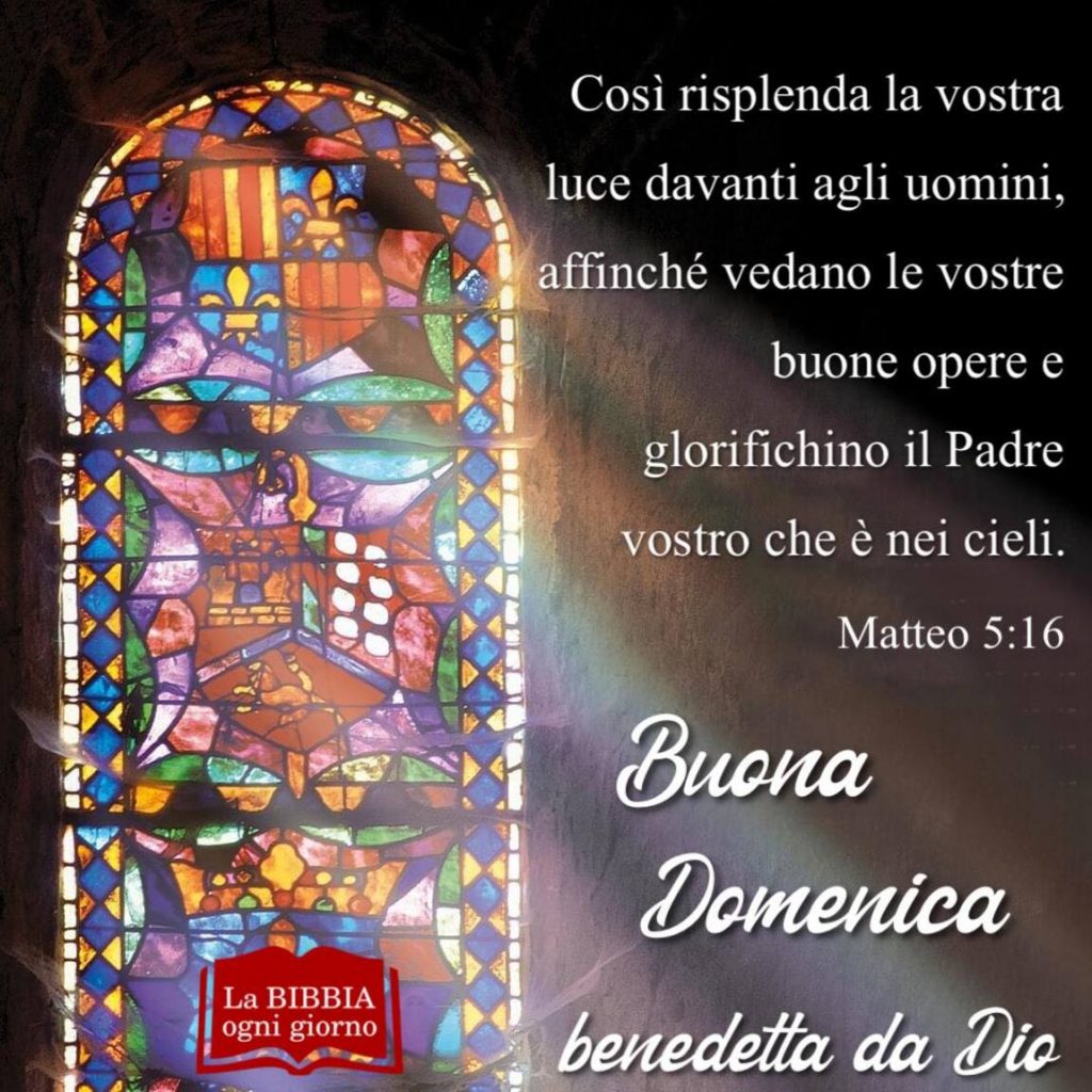Così risplenda la vostra luce davanti agli uomini, affinché vedano le vostre buone opere e glorifichino il Padre vostro che è nei cieli. (Matteo 5:16) Buona Domenica benedetta da Dio