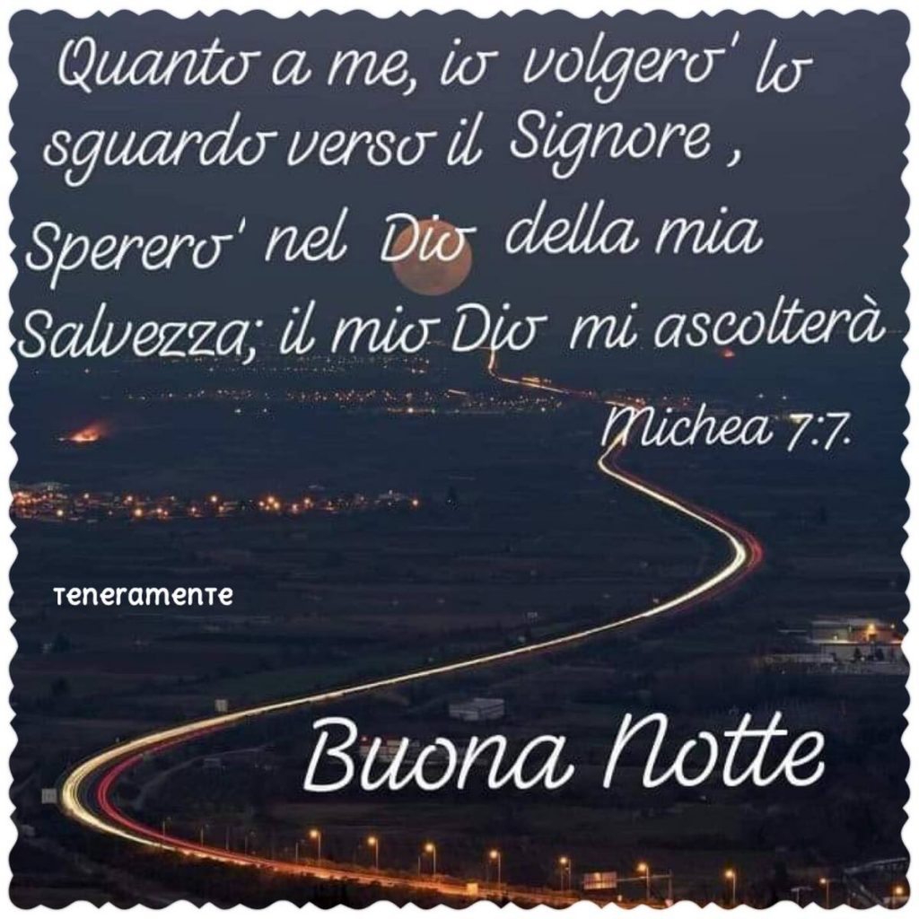 Quanto a me, io volgerò lo sguardo verso il Signore, spererò nel Dio della mia salvezza; il mio Dio mi ascolterà. (Michea 7:7) Buona Notte