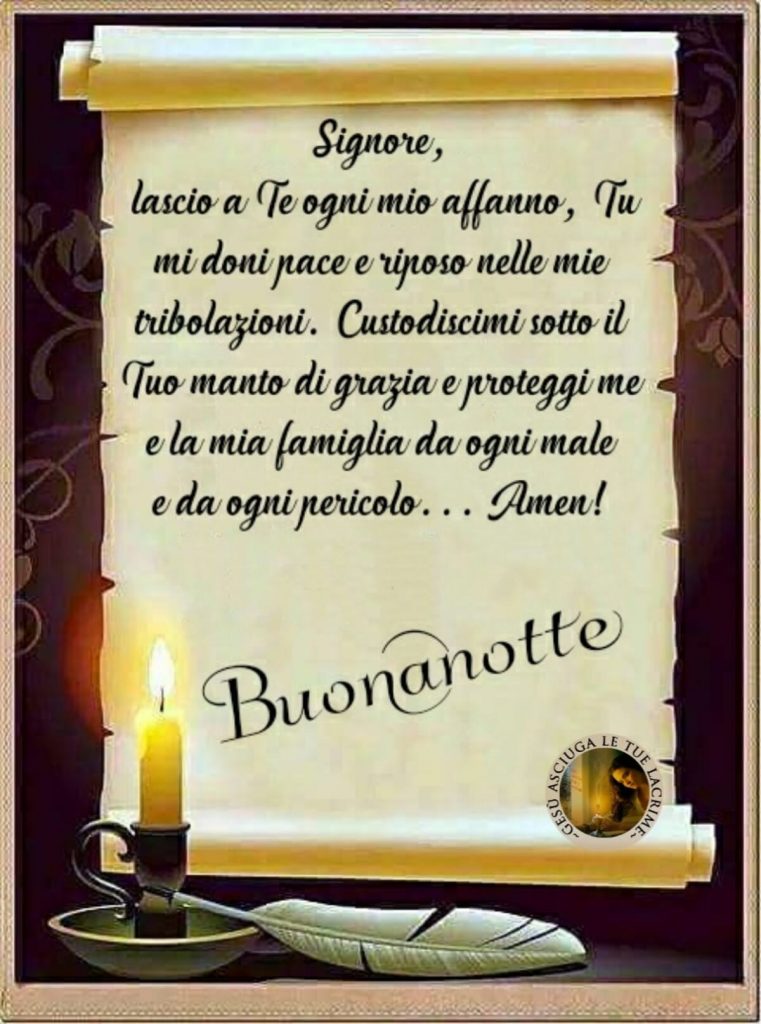 Signore, lascio a Te ogni mio affanno, Tu mi doni pace e riposo nelle mie tribolazioni. Custodiscimi sotto il Tuo manto di grazia e proteggi me e la mia famiglia da ogni male e da ogni pericolo... Amen! Buonanotte