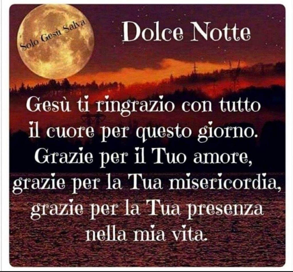 Dolce Notte. Gesù ti ringrazio con tutto il cuore per questo giorno. Grazie per il Tuo amore, grazie per la Tua misericordia, grazie per la Tua presenza nella mia vita.