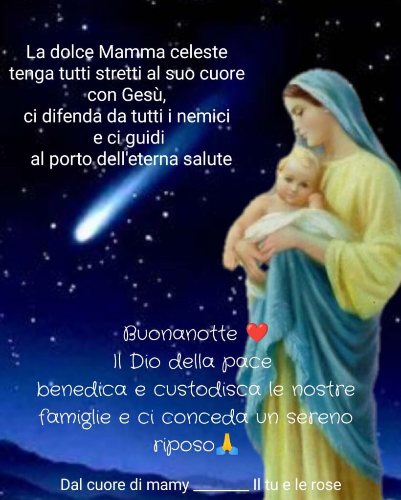 La dolce Mamma Celeste tenga tutti stretti al suo cuore con Gesù, ci difenda da tutti i nemici e ci guidi al porto dell'eterna salute. Buonanotte.....