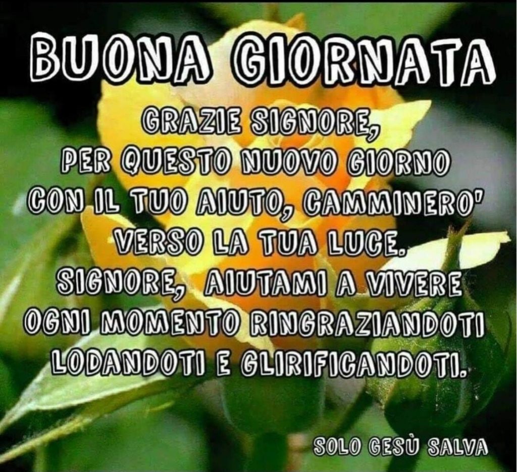 BUONA GIORNATA. Grazie Signore, per questo nuovo giorno con il Tuo aiuto, camminerò verso la Tua luce. Signore, aiutami a vivere ogni momento ringraziandoTi, lodandoTi e glorificandoTi.