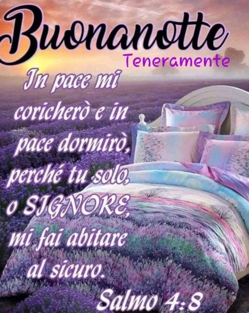 Buonanotte. "Il pace mi coricherò e in pace dormirò, perché tu solo, o Signore, mi fai abitare al sicuro." (Salmo 4:8)