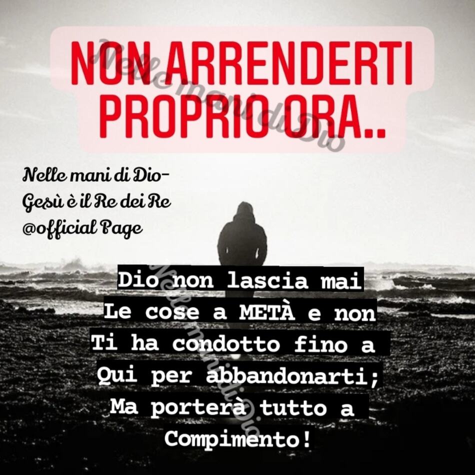 NON ARRENDERTI PROPRIO ORA... Dio non lascia mai le cose a metà e non ti ha condotto fino a qui per abbandonarti; Ma porterà tutto a compimento!