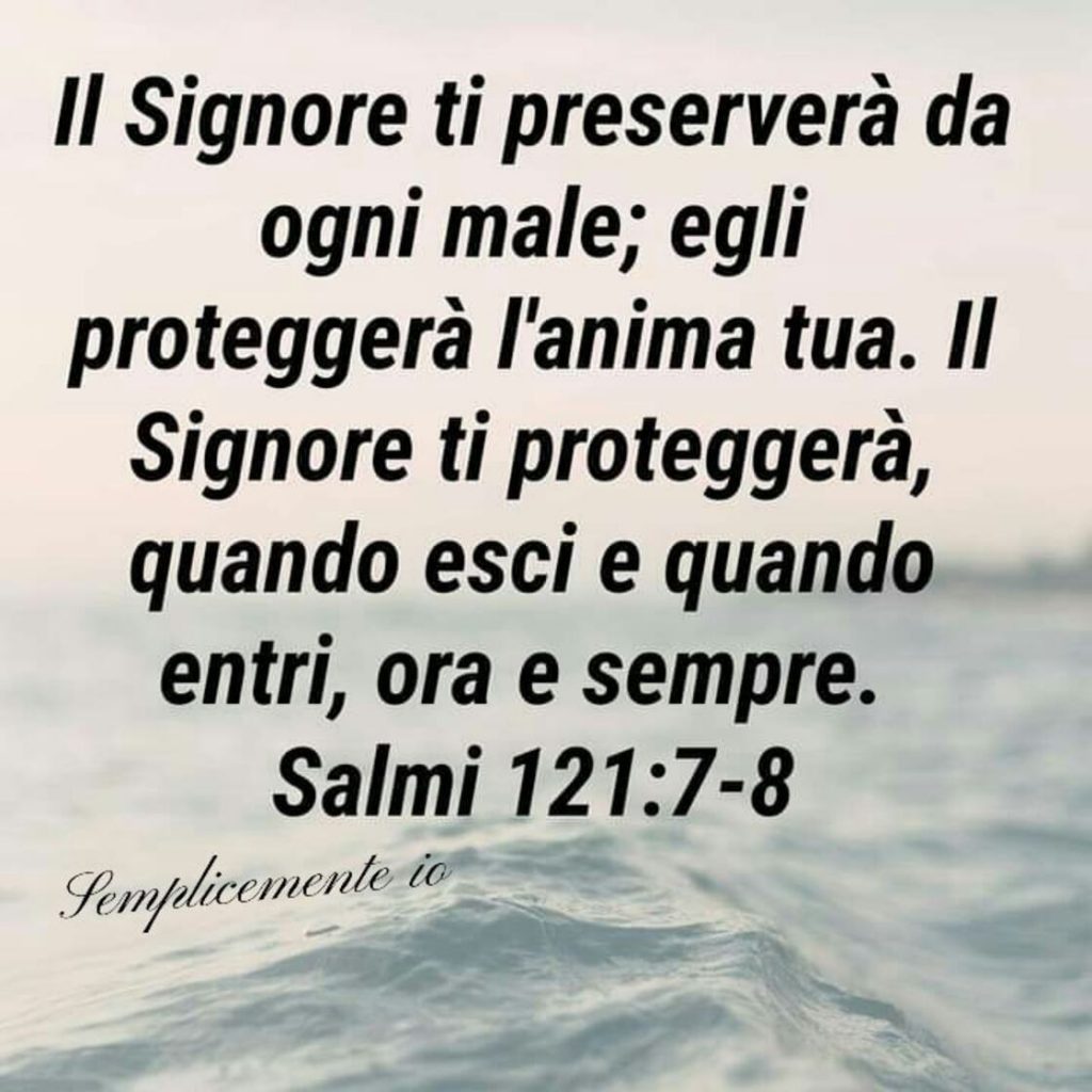 Il Signore ti preserverà da ogni male; Egli proteggerà l'anima tua. Il Signore ti proteggerà, quando esci e quando entri, ora e sempre. (Salmi 121:7-8)
