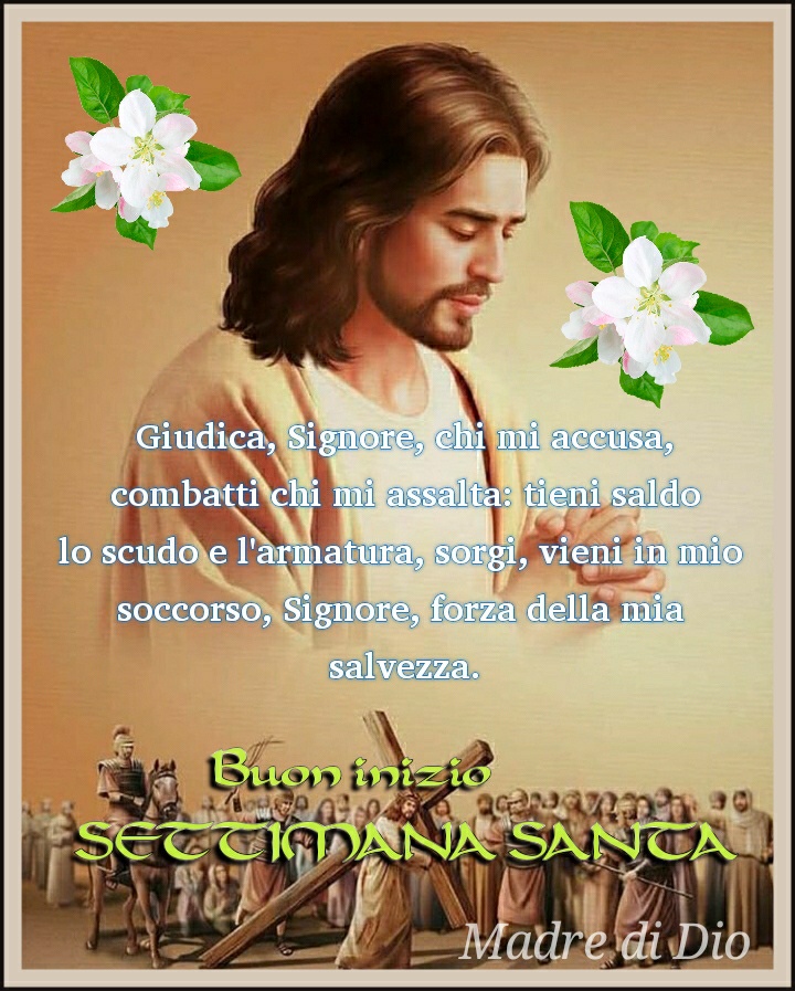Giudica, Signore, chi mi accusa, combatti chi mi assalta: tieni saldo lo scudo e l'armatura, sorgi, vieni in mio soccorso, Signore, forza della mia salvezza. Buon Inizio Settimana Santa