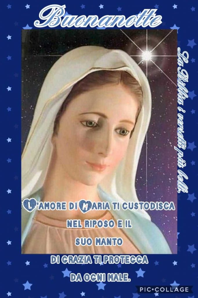 Buonanotte. L'Amore di Maria ti custodisca nel riposo e il suo manto di grazia ti protegga da ogni male.