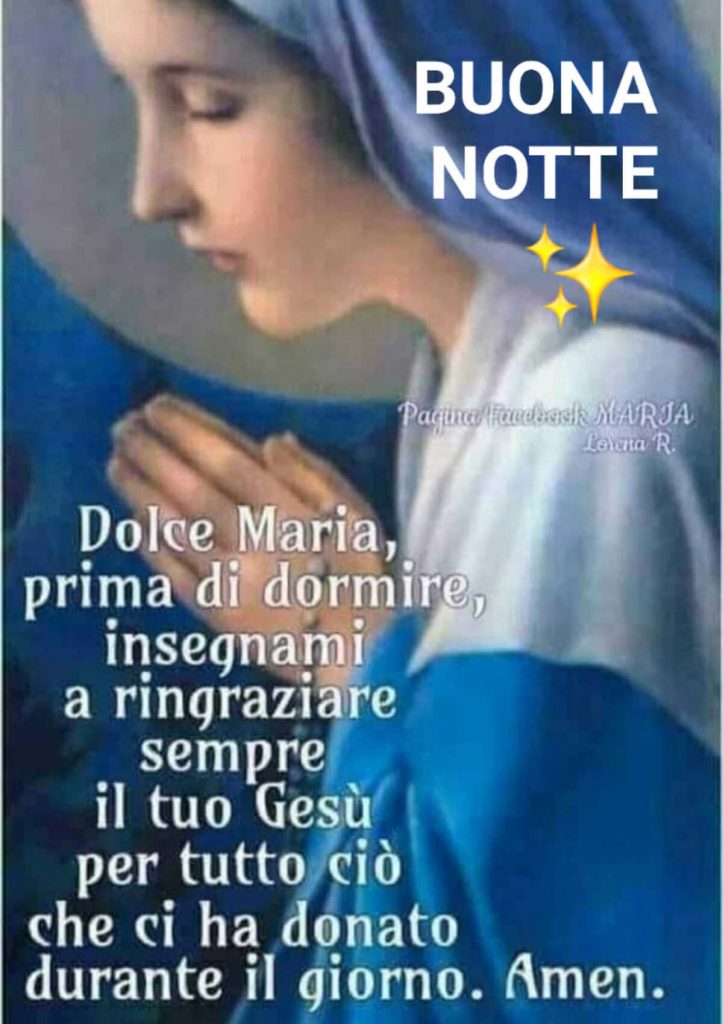 BUONA NOTTE. Dolce Maria, prima di dormire, insegnami a ringraziare sempre il tuo Gesù per tutto ciò che ci ha donato durante il giorno. Amen.