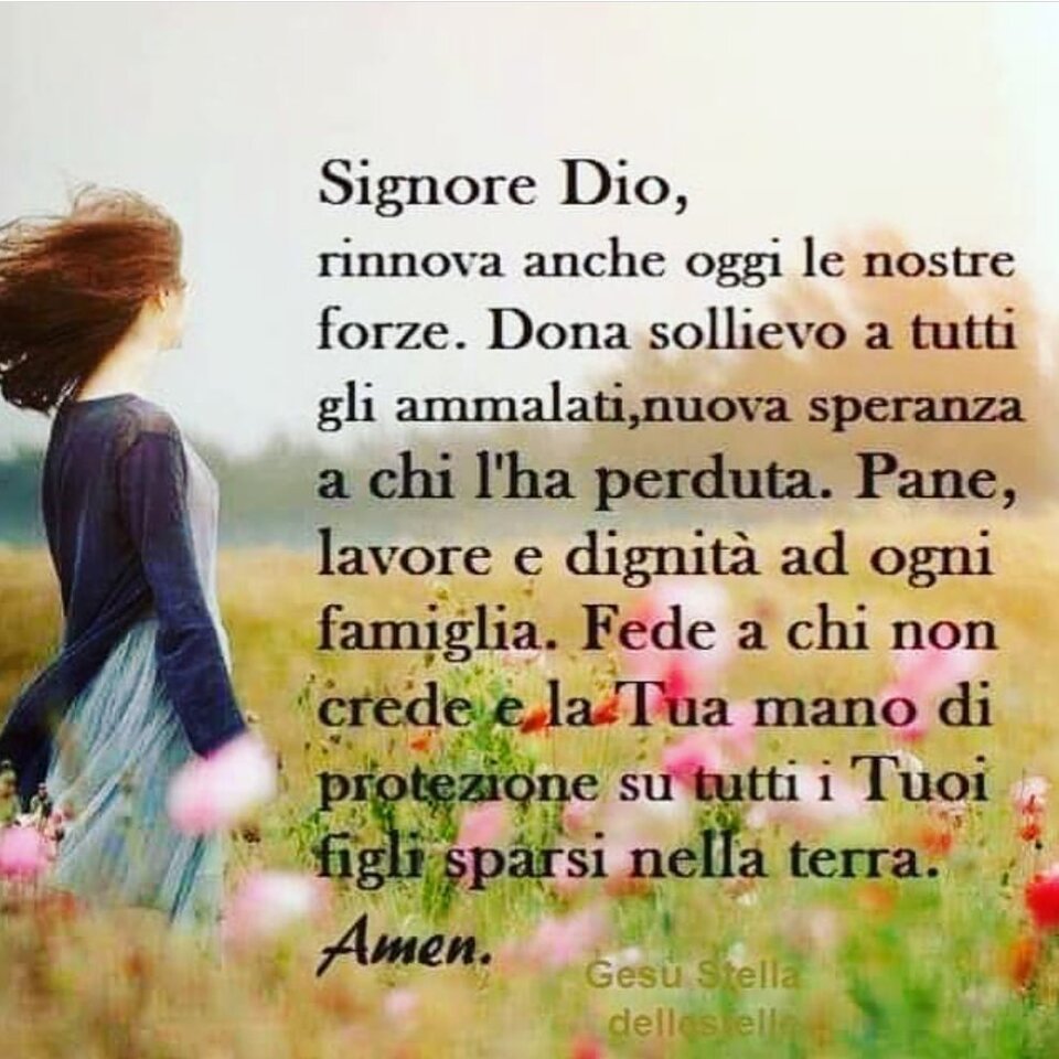 Signore Dio, rinnova anche oggi le nostre forze. Dona sollievo a tutti gli ammalati, nuova speranza a chi l'ha perduta. Pane, lavoro e dignità in ogni famiglia...