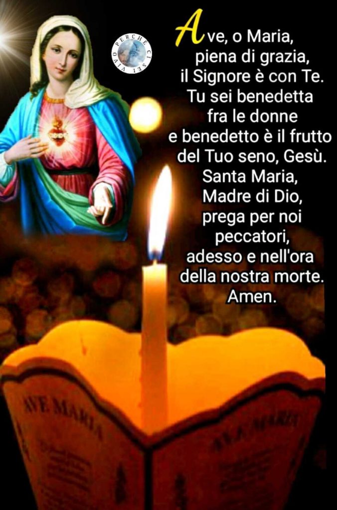 Ave, o Maria, piena di grazia, il Signore è con Te. Tu sei benedetta fra le donne e benedetto è il frutto del Tuo seno, Gesù. Santa Maria, Madre di Dio, prega per noi peccatori, adesso e nell'ora della nostra morte. Amen