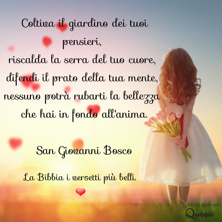 Coltiva il giardino dei tuoi pensieri, riscalda la serra del tuo cuore, difendi il prato della tua mente, nessuno potrà rubarti la bellezza che hai in fondo all'anima. (San Giovanni Bosco)