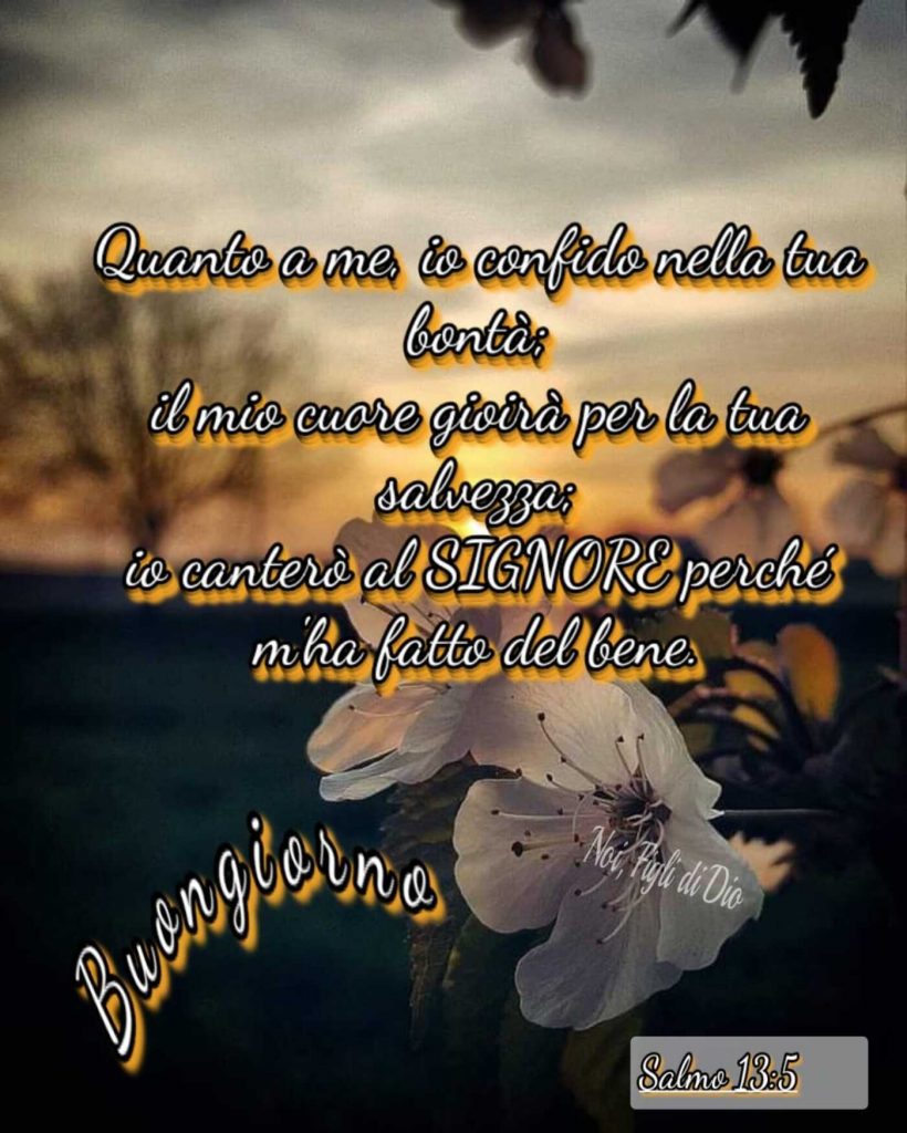 Quanto a me, io confido nella tua bontà; il mio cuore gioirà per la tua salvezza; io canterò al Signore perché mi ha fatto del bene. (Salmo 13:5) Buongiorno