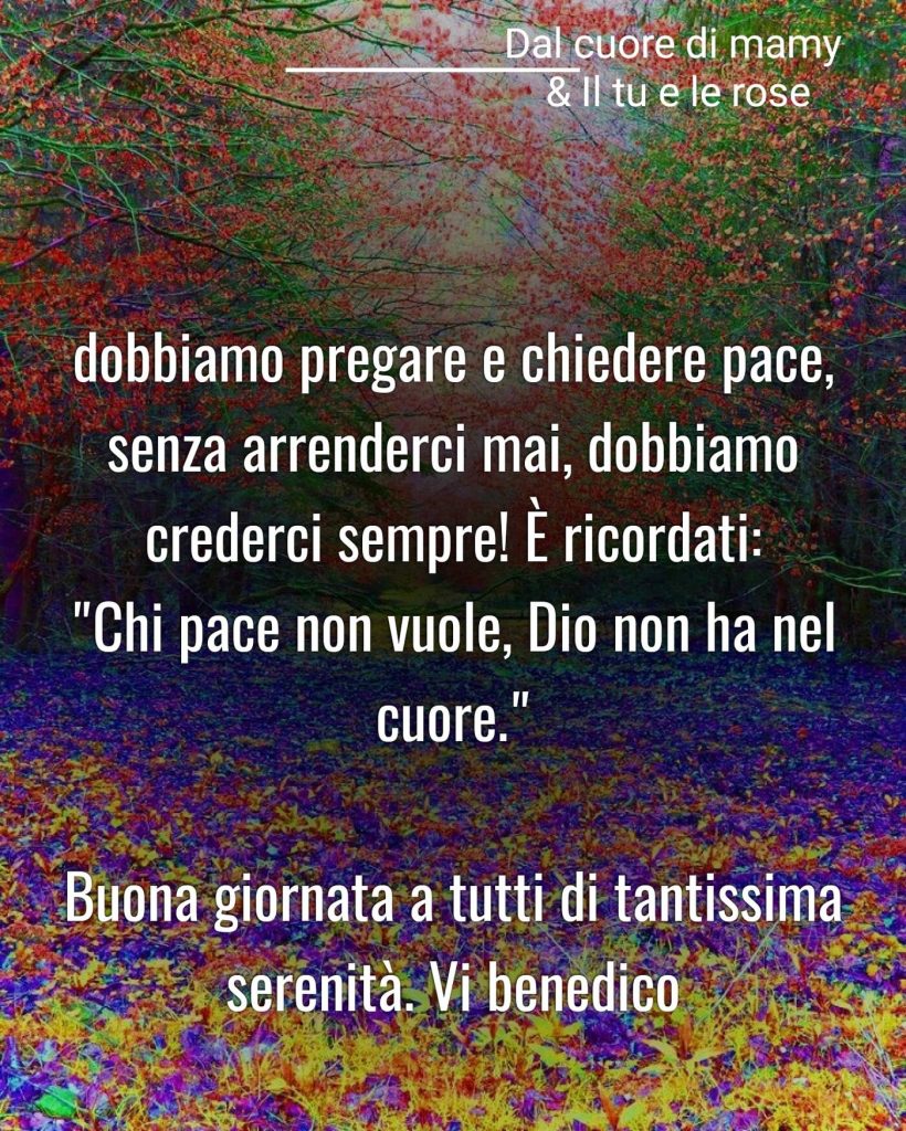 Dobbiamo pregare e chiedere pace, senza arrenderci mai, dobbiamo crederci sempre! E ricordati: : "Chi pace non vuole, Dio non ha nel cuore." Buona Giornata...