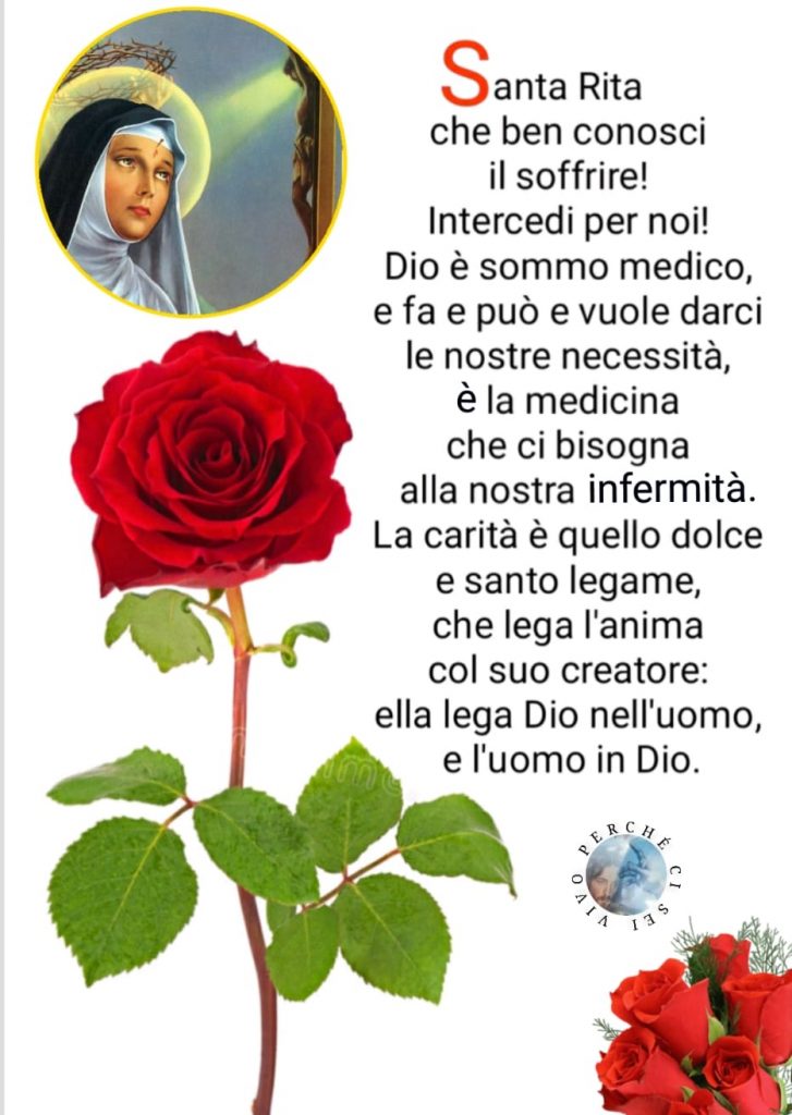 Santa Rita che ben conosci il soffrire! Intercedi per noi! Dio è sommo medico, e fa e può e vuole darci le nostre necessità, è la medicina che ci bisogna alla nostra infermità...