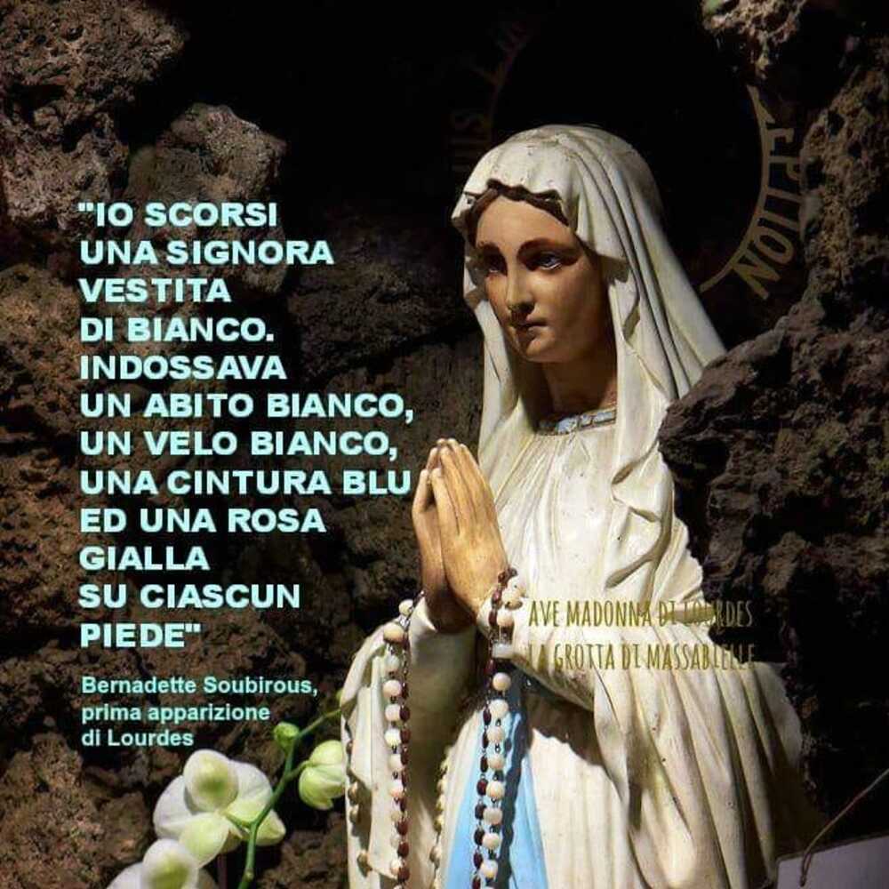 "Io scorsi una signora vestita di bianco, indossava un abito bianco, un velo bianco, una cintura blu ed una rosa gialla su ciascun piede." (Bernadette Soubirous prima apparizione di Lourdes)