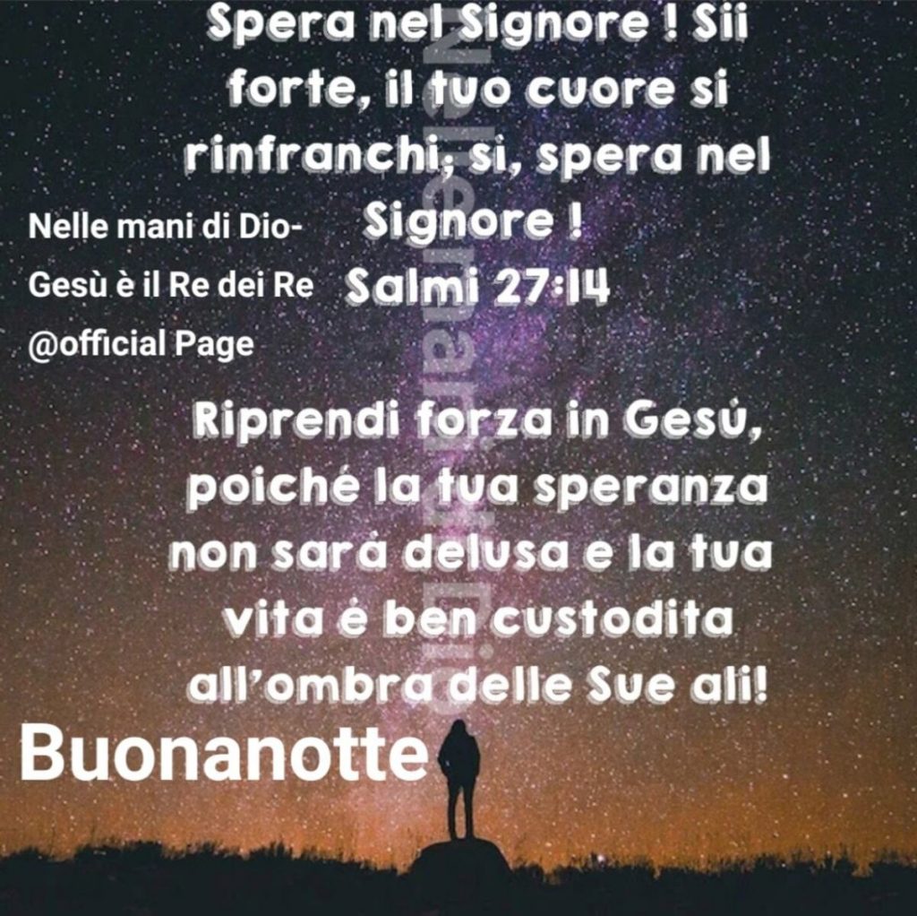 Spera nel Signore ! Sii forte, il tuo cuore si rinfranchi, si, spera nel Signore ! (Salmi 27:14) Buona notte