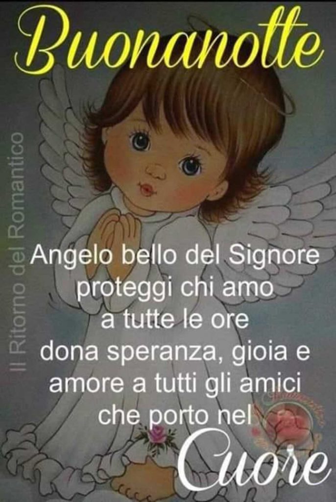 Buonanotte. Angelo bello del Signore, proteggi chi amo a tutte le ore dona speranza, gioia e amore a tutti gli amici che porto nel cuore. (Il ritorno del Romantico)