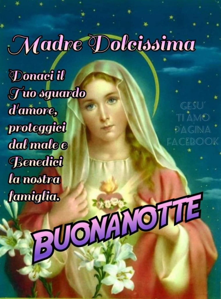 Madre Dolcissima, donaci il tuo sguardo d'amore, proteggici dal male e benedici la nostra famiglia. Buona notte