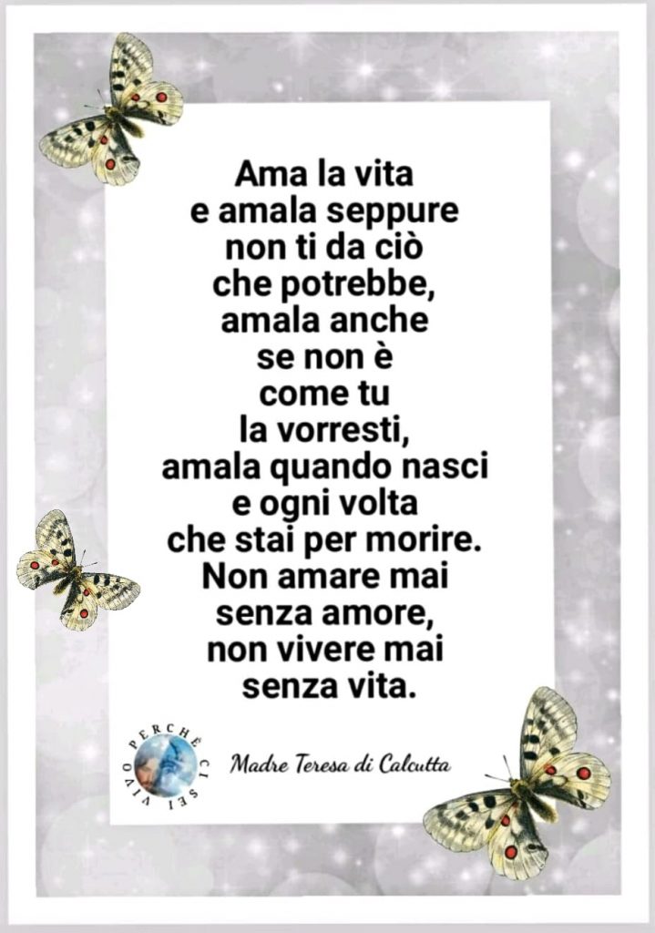 Ama la vita e amala seppure non ti da ciò che potrebbe, amala anche se non è come tu la vorresti, amala quando nasci e ogni volta che stai per morire. Non amare mai senza amore, non vivere mai senza vita. (Santa Teresa di Calcutta)