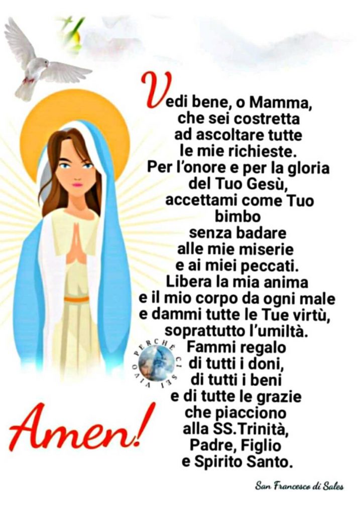 Vedi bene, o Mamma, che sei costretta ad ascoltare tutte le mie richieste. Per l'onore e per la gloria del Tuo Gesù, accettami come Tuo bimbo senza badare alle mie miserie...