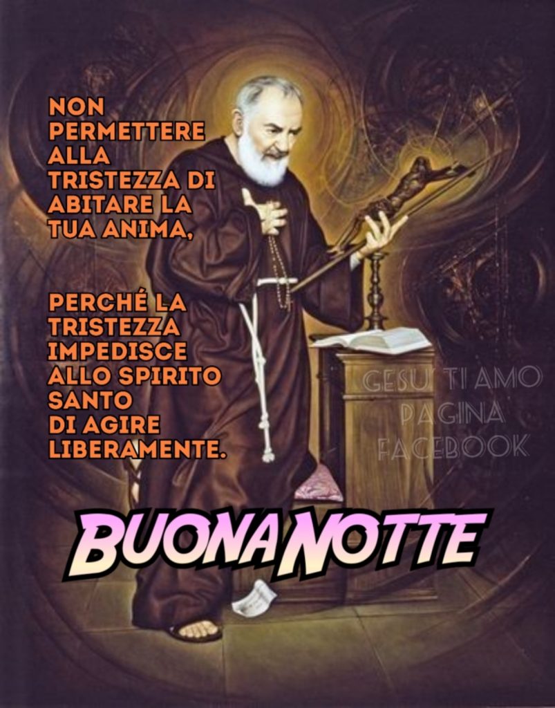 Non permettere alla tristezza di abitare nella tua anima, perché la tristezza impedisce allo Spirito Santo di agire liberamente. Buonanotte (Padre Pio)