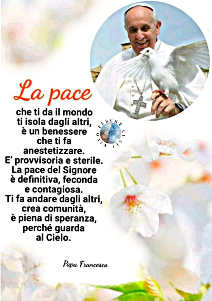 La Pace che ti da il mondo ti isola dagli altri, è un benessere che ti fa anestetizzare. È provvisoria e sterile. La Pace del Signore è definitiva, feconda e contagiosa..." (Jorge Mario Bergoglio)