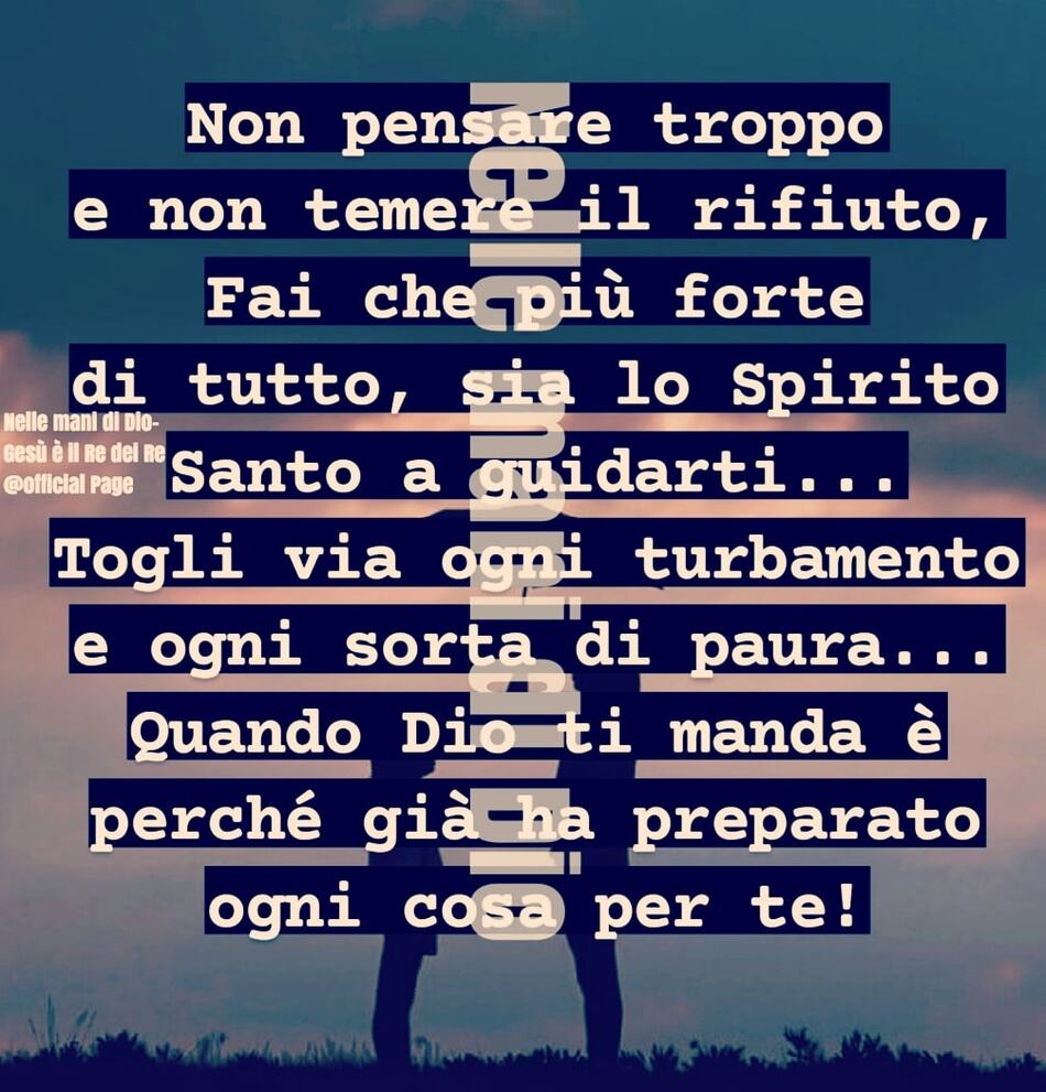 Non pensare troppo e non temere il rifiuto, fai che più forte di tutto, sia lo Spirito Santo a guidarti... Togli via ogni turbamento e ogni sorta di paura... Quando Dio ti manda è perché già ha preparato ogni cosa per te !