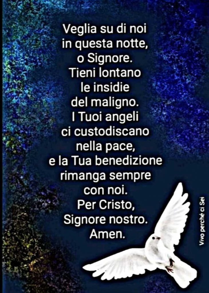 Veglia su di noi in questa notte, o Signore. Tieni lontano le insidie del maligno. I Tuoi angeli ci custodiscano nella pace, e la Tua benedizione rimanga sempre con noi. Per Cristo, Signore nostro. Amen.