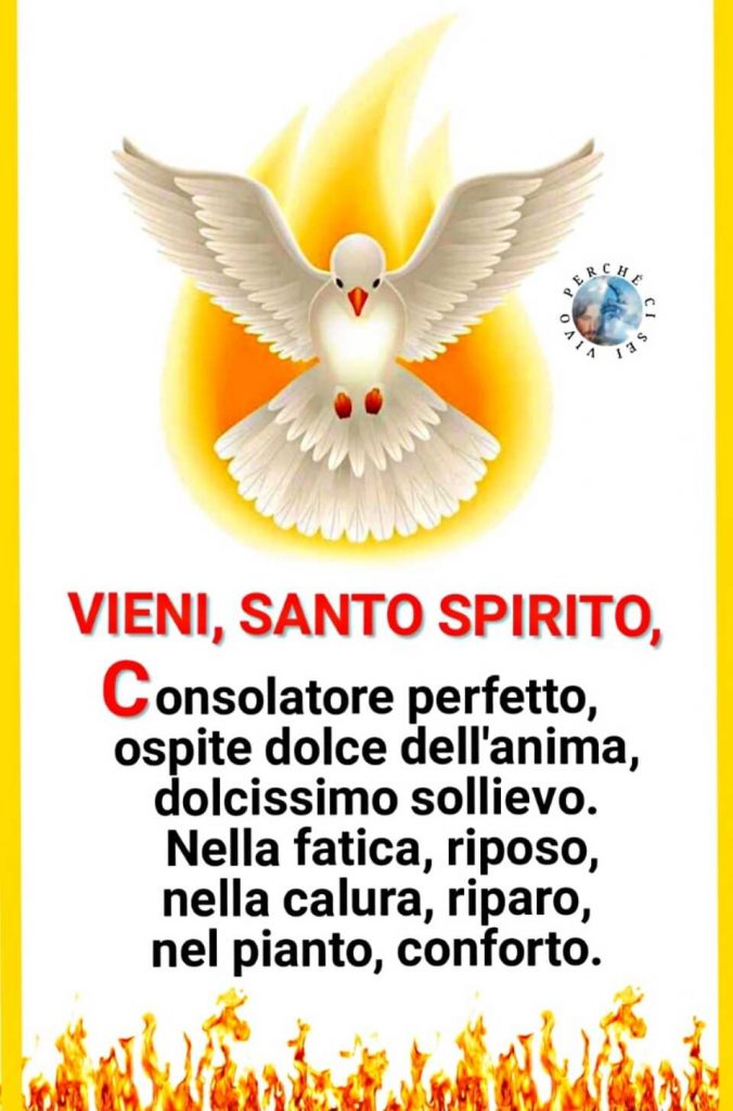 VIENI, SANTO SPIRITO. Consolatore perfetto, ospite dolce dell'anima, dolcissimo sollievo. Nella fatica, riposo, nella calura, riparo, nel pianto, conforto.