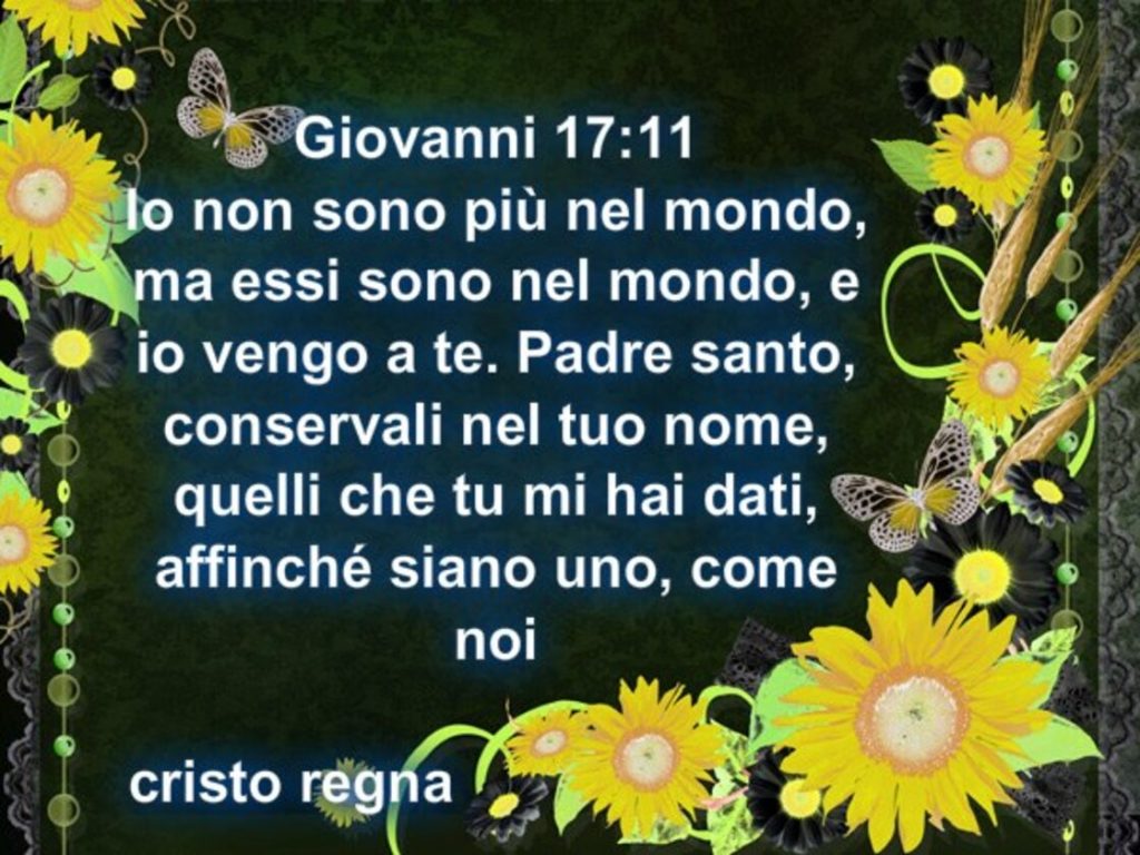 Io non sono più nel mondo, ma essi sono nel mondo, e io vengo a te. Padre Santo, conservali nel Tuo nome, quelli che Tu mi hai dati, affinché siano uno, come noi. (Giovanni 17:11)