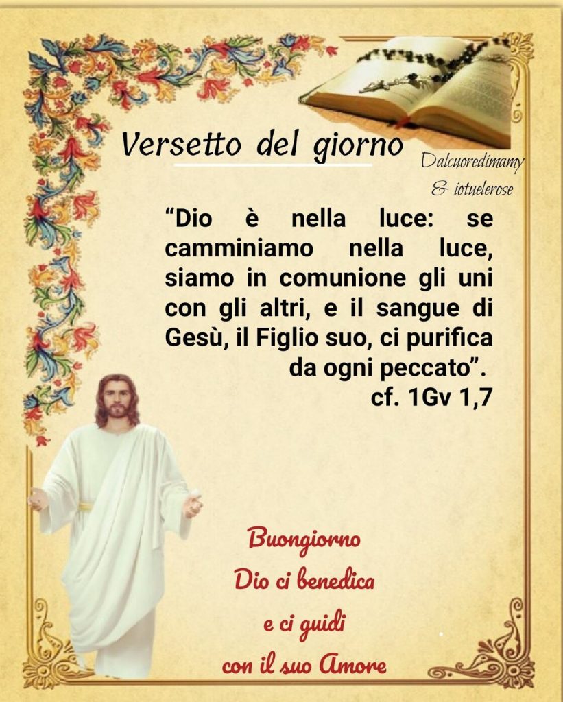 Versetto del giorno: Dio è nella luce: se camminiamo nella luce, siamo in comunione gli uni con gli altri, e il sangue di Gesù, il Figlio suo, ci purifica da ogni peccato. (1Gv 1,7)